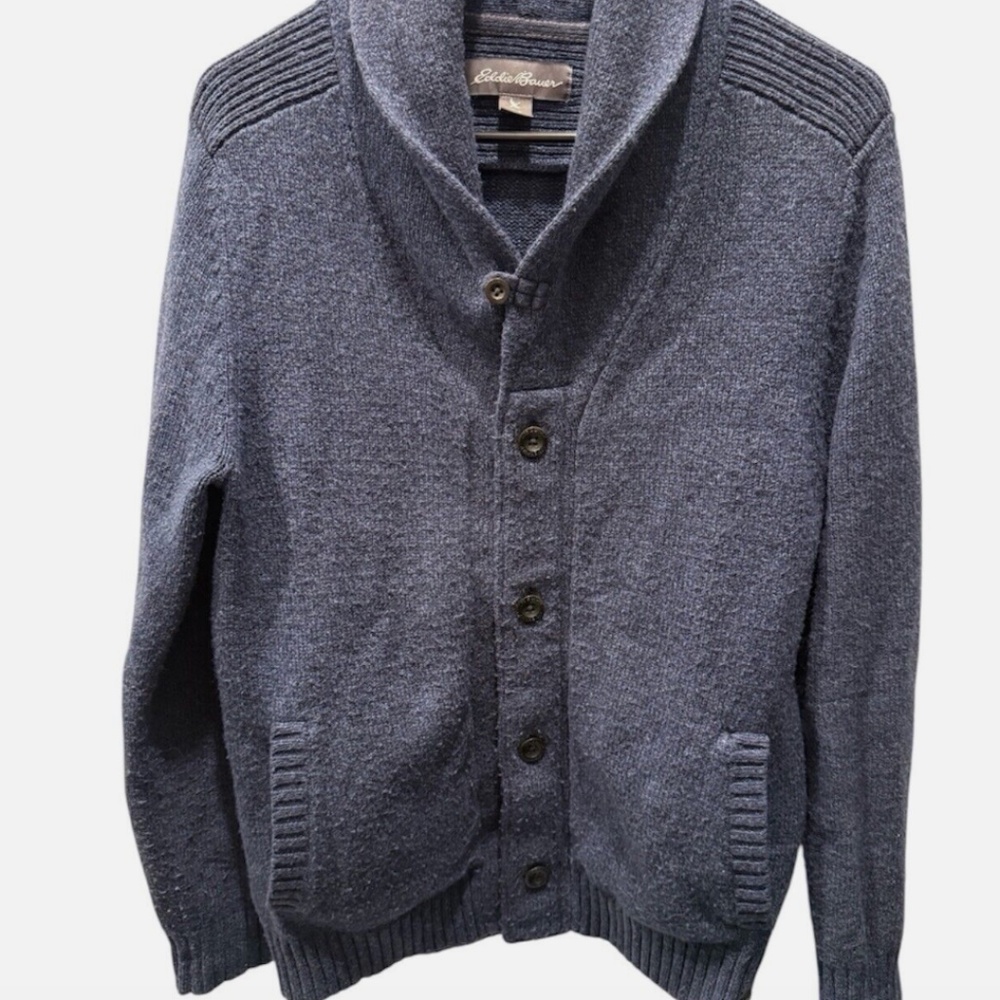 Eddie Bauer Cardigan Sweater Men’s S Navy Blu Wool Blend Button Up Grandpacore